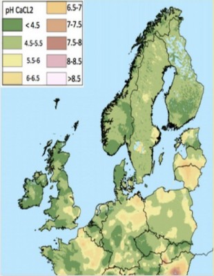 Figure 8: Map showing the different soil pH levels in Northern Europe (European Soil Data Centre 2010).